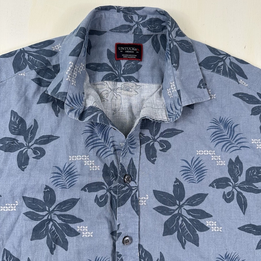 Untuckit Bairrada‎ Blue Floral Chambray Shirt Mens Medium Linen Cotton 40540